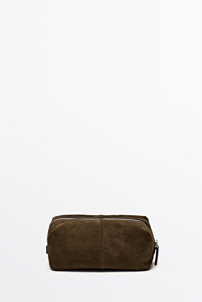 Massimo Dutti Fermuarlı süet deri makyaj çantası