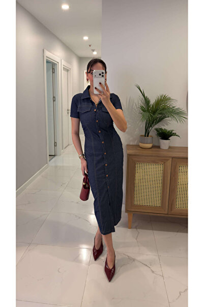 BİRCANÇİL Persew Blue Cover Pocket Detailed Lycra Dress