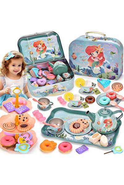 Arabest مجموعة حفلة شاي حورية البحر للبنات، 52 قطعة لعبة مطبخ للعب التخيلي مع...