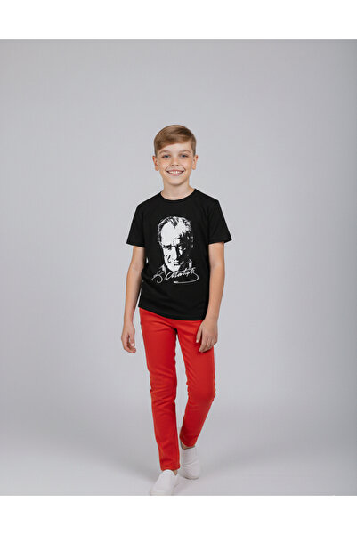 NACAR STORE Boy's Black Ataturk Printed T-Shirt and Red Linen Trousers Set fo...