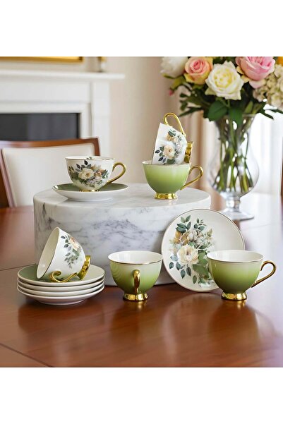 Trendmiya Set of 6 Botania Green Colored Floral Coffee Cups with Gold Detail