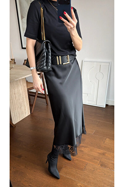 My Blog Black Satin Skirt with Lace Detail at the Hem - 50228