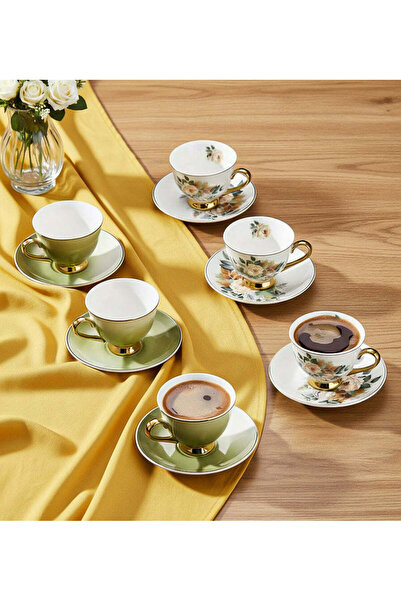Trendmiya Set of 6 Botania Green Colored Floral Coffee Cups with Gold Detail