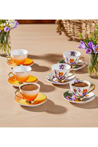 Trendmiya Set of 6 Arancıa Orange and Purple Floral Coffee Cups with Gold Detail