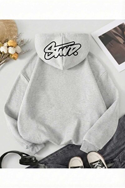 Rayan & Hoor Style Unisex Gri Oversize Kapüşonlu Sweatshirt - 3 İplik Kalitel...