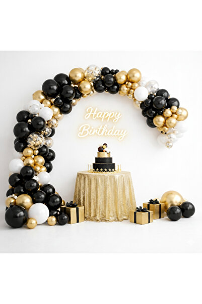 party mix Siyah Beyaz Gold Balon Seti 100’lü | Balon Zinciri + Krom Gold + Ko...