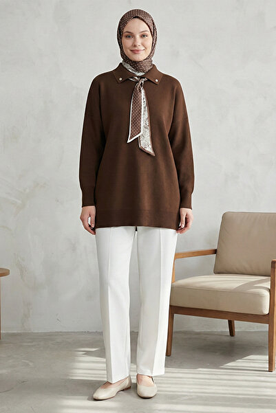 Kirazgym Women's Polo Collar Slit Scarf Knitwear Tunic - Coffee