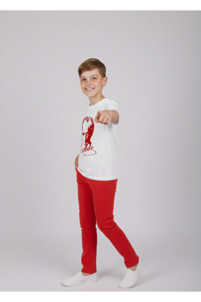 NACAR STORE Boy's Ataturk Printed T-Shirt and Red Linen Trousers Set for Apri...