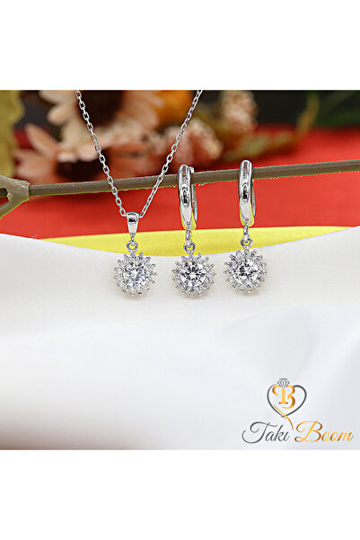 Takı Boom Minimal Kolye Küpe Seti, Beyaz Taşlı Kadın Takı Seti, Sallantılı Kü...