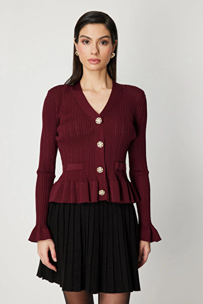 On Fashion Women's Padded Waist-Fitted Burgundy Cardigan 69905