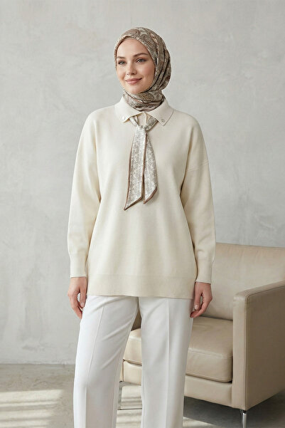 Kirazgym Women's Polo Collar Slit Knitwear Tunic with Scarf - Cream