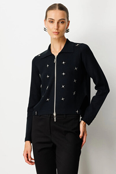 On Fashion Women's Polo Collar Studded Zippered Black Cardigan 65905