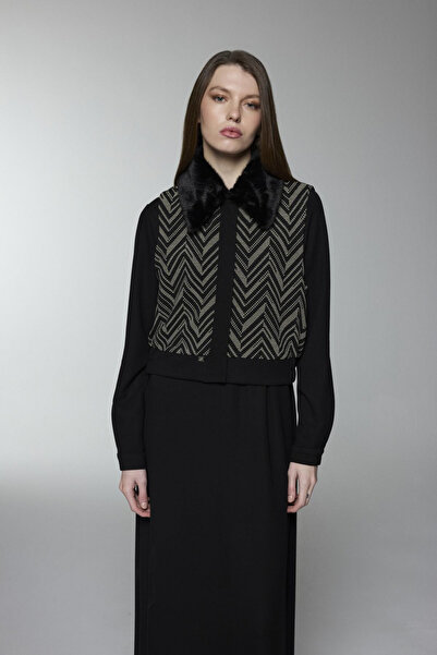 Zühre Fur Collar Patterned Double Black Suit 1698