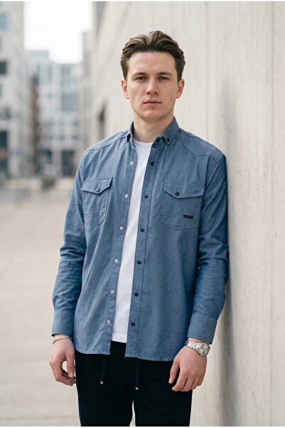 bombe Men's Slim Fit Skinny Fit Denim Shirt