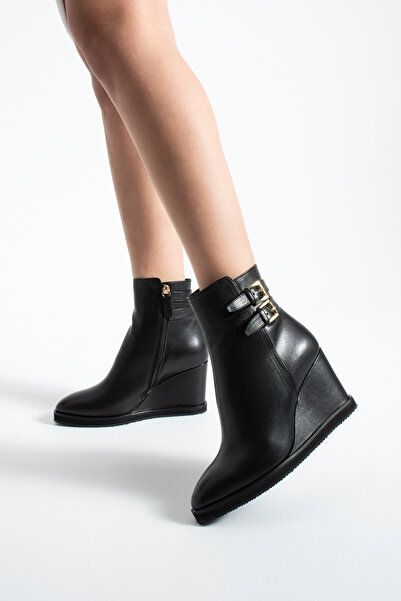 FOLLİNİ Women's Genuine Leather Wedge Heel Boots Black