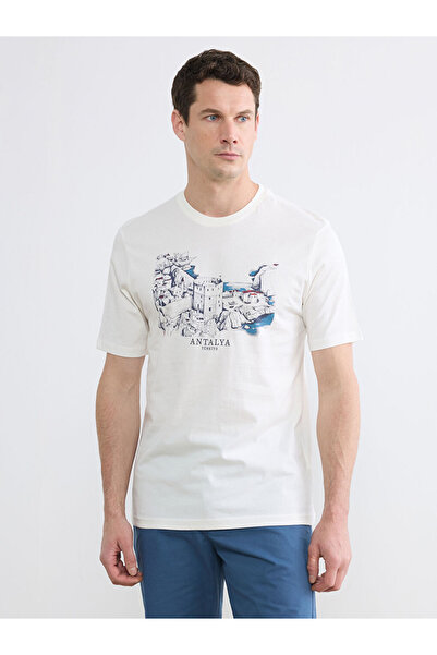 LC Waikiki Ανδρικό μπλουζάκι από χτενισμένο βαμβάκι με στάμπα Ecru Crew Neck ...