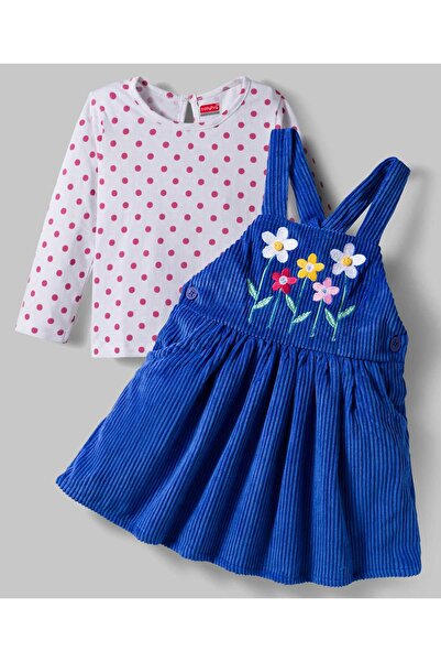 Babyhug فستان من قماش الكوردروي المحبوك والمطرز بالزهور، بأكمام طويلة، مع تيش...