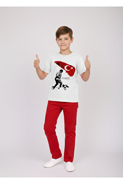 NACAR STORE Boy's Ataturk Printed T-Shirt and Red Linen Trousers Set for Apri...