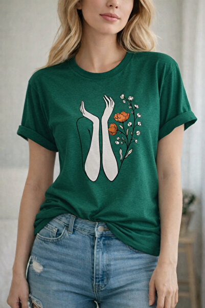 ArtYus Tricou unisex din bumbac cu imprimeu floral și cu mâini, cu croială re...