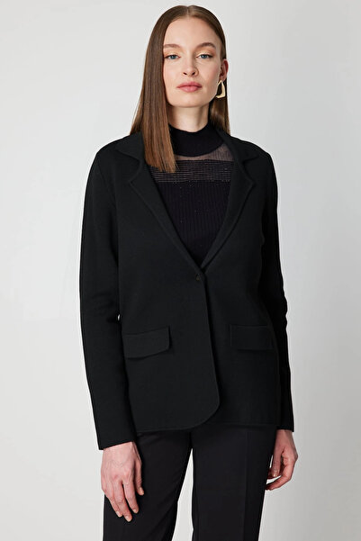 On Fashion Women's Buttoned Jacket Collar Knitwear Black Cardigan 63926
