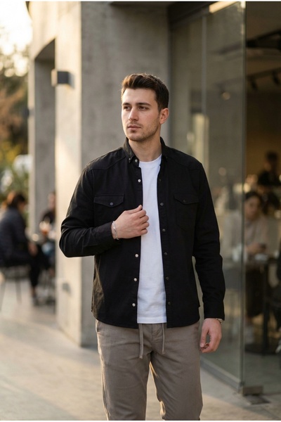 bombe Men's Slim Fit Skinny Fit Denim Shirt