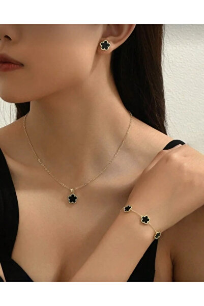 EKİDORA Women's Black Gold 4-Leaf Flower Figured 3-Piece Jewelry Set Necklace...