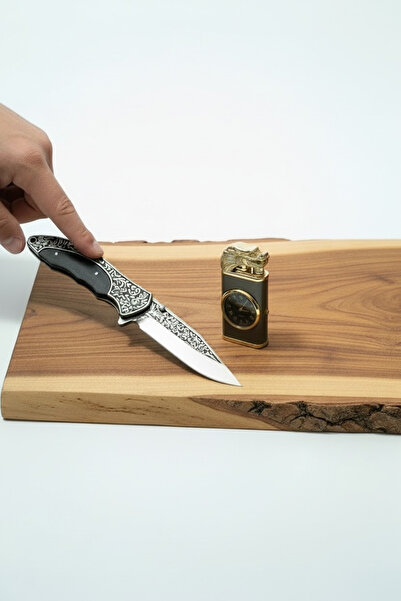 MERTCAN KNİFE Hediyelik Ejderha Başlı Saatli Çakmak ve İşlemeli Çakı Seti - Ö...