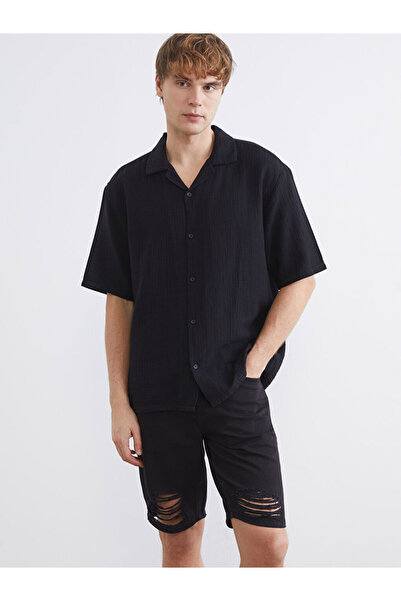 LC Waikiki Ανδρικό πουκάμισο μουσελίνας με γιακά resort, μαύρο, άνετης εφαρμο...