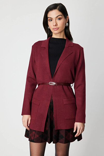 On Fashion Women's Open Front Pocket Belted Claret Red Cardigan 69907