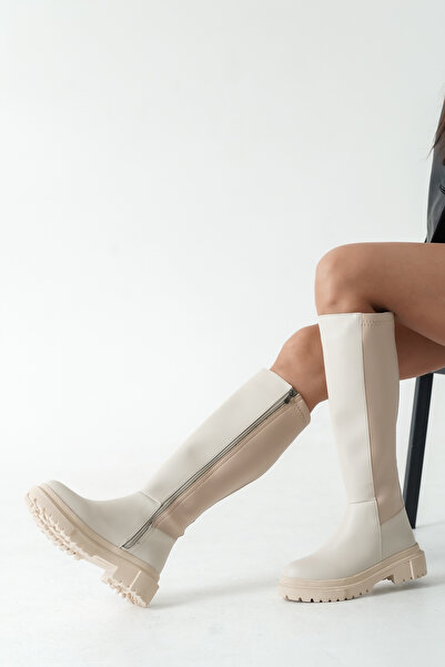 FEMME Women's Elastic Non-Slip Sole Thick Heel Boots Raguel Beige