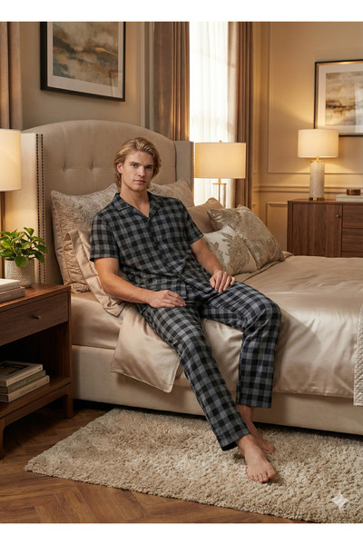 Ayans Pijama Ανδρικό Σετ Πιτζάμες Μονόχρωμο (Σούπερ Τζιμπ) Κοντομάνικο με Κου...