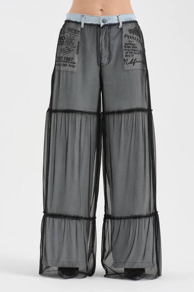 tw3 Women's Tulle and Print Detailed Design Palazzo Jeans