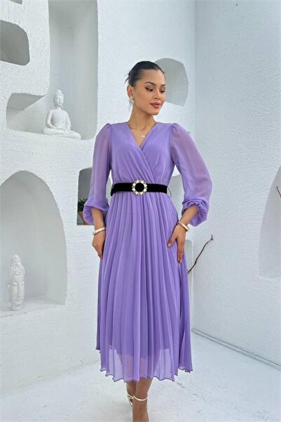 Neşeli Butik Women's Lilac Double-Breasted Pleated Midi Dress with Collar and...