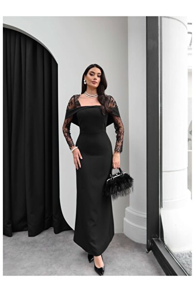 ESRAHELVACI فستان مادونا بأكمام من الدانتيل وياقة مطرزة