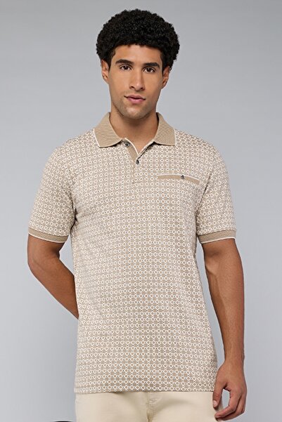 R&B Men's Cream Patterned Polo T-Shirt with Short Sleeves