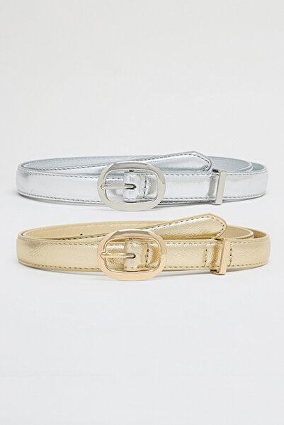 R&B Women's Silver–colored 2 Pack Textured Belts