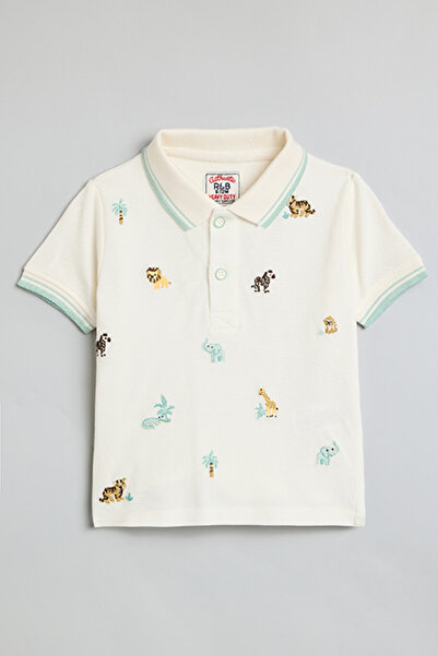 R&B Boy's Cream Embroidered Polo T-Shirt with Short Sleeves