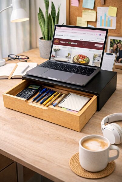 NEWNOW Bamboo Tabletop Hidden Drawer Organizer – Minimal Coffee Corner & Tabl...