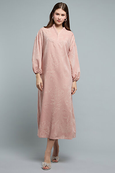 R&B Women's Pink Embellished Midi Dress with Split Neck and Long Sleeves