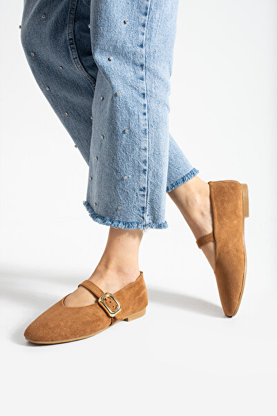 Gökçe Shoes Zenia Taba Süet Toka Detay Kemerli Kadın Babet Ayakkabı