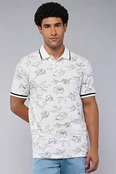 R&B Men's White Printed Polo T-Shirt with Short Sleeves