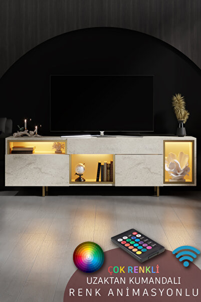 Modatte NORM TV ÜNİTESİ RGB LED IŞIKLI GOLD DEMİR AYAKLI RAFLI DOLAPLI TRAVER...