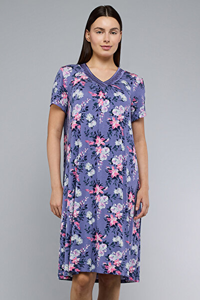 R&B Women's Purple Floral Print Nightdress with V-Neck and Short Sleeves