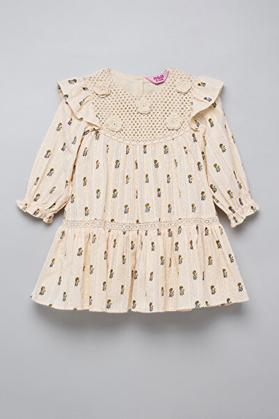 R&B Girl's Beige Printed Dress with Crew Neck and Long Sleeves