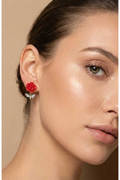 sarıyer silver Red Rose Figured Stone Steel Earrings Love Lover Jewelry Acces...