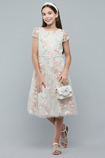 R&B Girl's Green Embroidered Fit & Flare Dress with Crew Neck and Short Sleeves