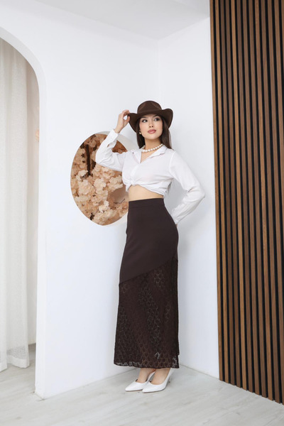 canzengın Asymmetrical Cut Lace Detailed Long White Skirt