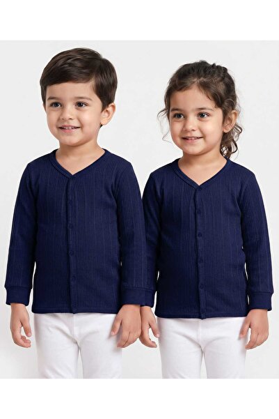 Babyhug Knit Full Sleeves Front Open Solid Thermal Vest - Navy Blue