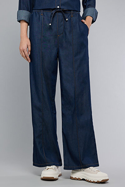 R&B Women's Dark blue Washed Wide Leg Denim Pants with Drawstring Waist