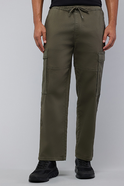 R&B Men's Green Solid Cargo Jeans with Drawstring Waist